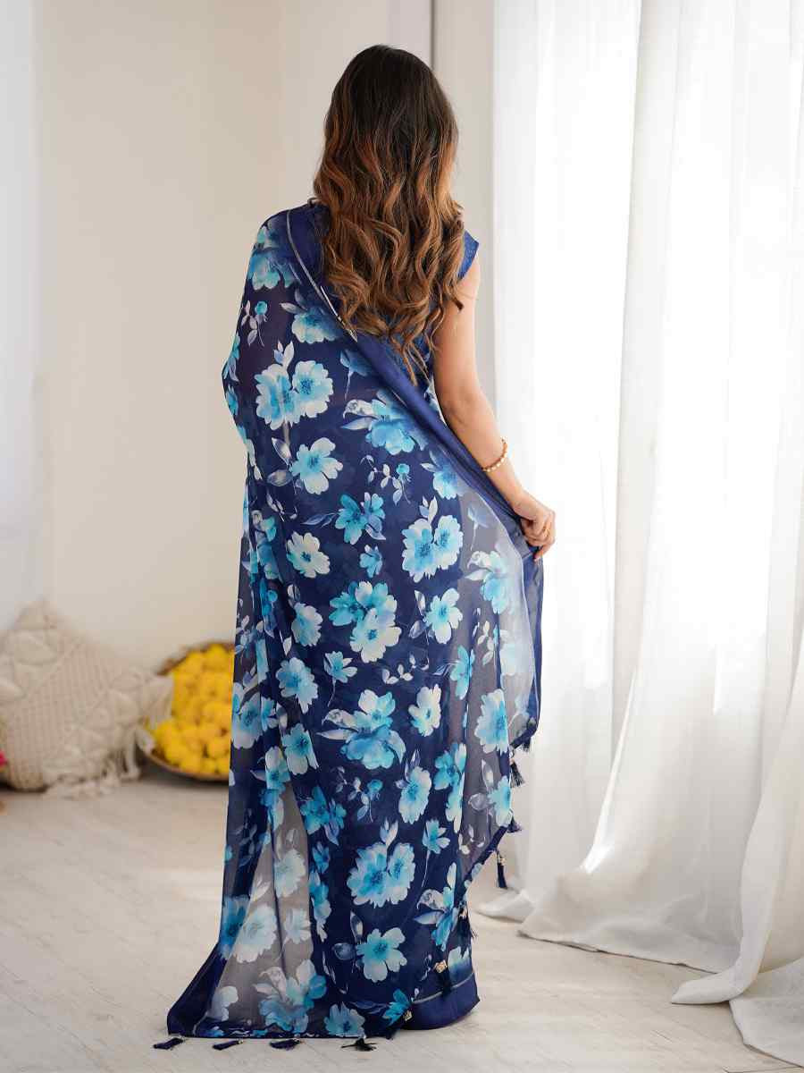 Blue Satin Silk Printed Casual Reception Festival Wedding Fancy Classic Style Sarees