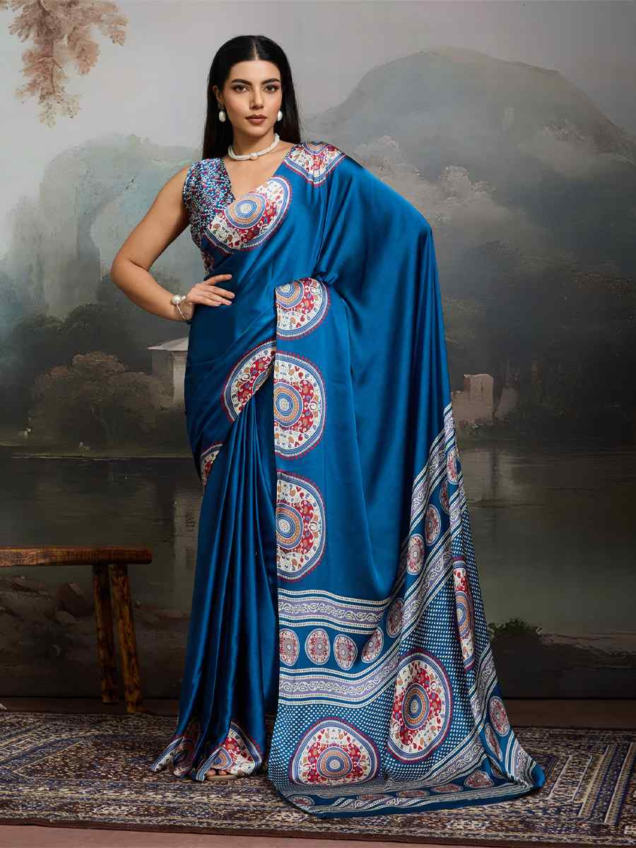 Blue Satin Silk Printed Traditional Casual Reception Festival Wedding Fancy Heavy Border Saree