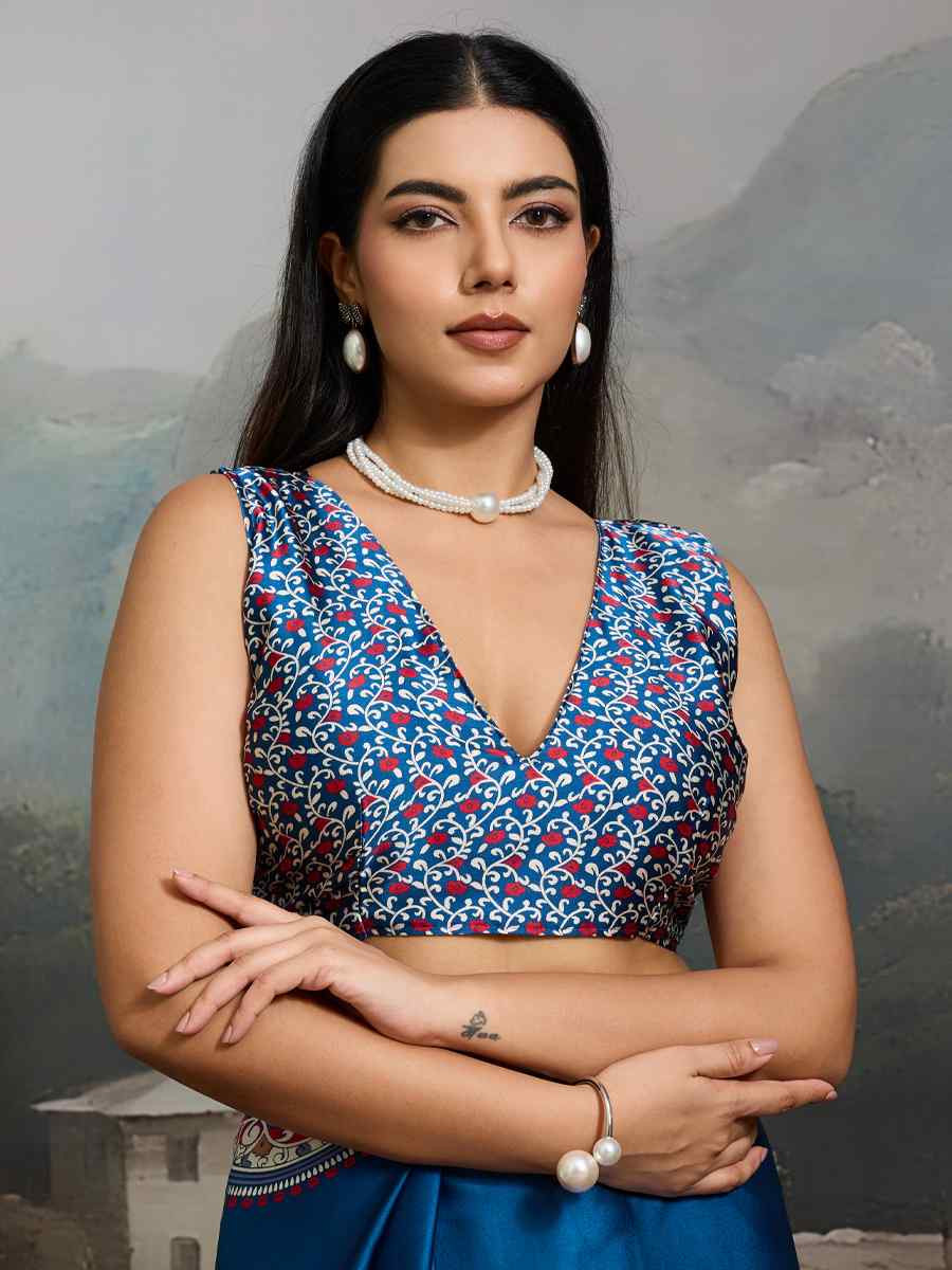 Blue Satin Silk Printed Traditional Casual Reception Festival Wedding Fancy Heavy Border Saree