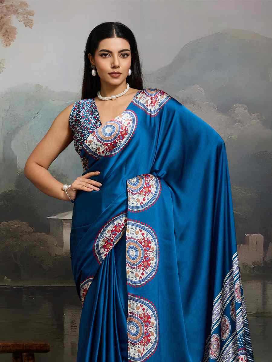 Blue Satin Silk Printed Traditional Casual Reception Festival Wedding Fancy Heavy Border Saree