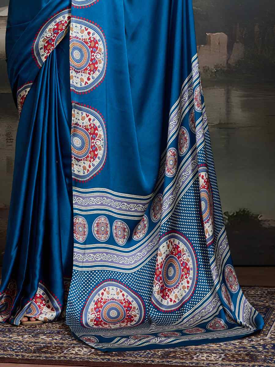 Blue Satin Silk Printed Traditional Casual Reception Festival Wedding Fancy Heavy Border Saree