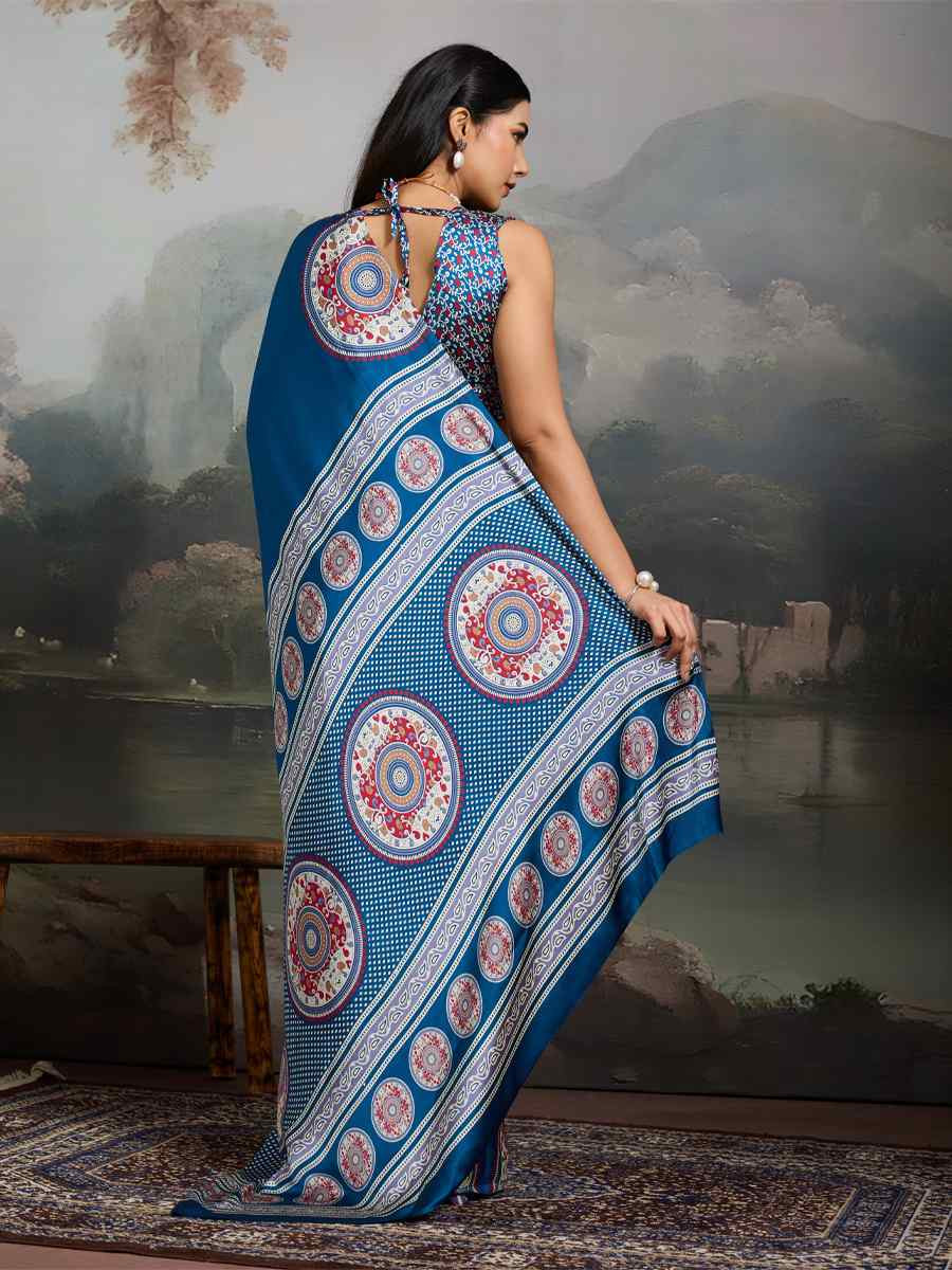 Blue Satin Silk Printed Traditional Casual Reception Festival Wedding Fancy Heavy Border Saree