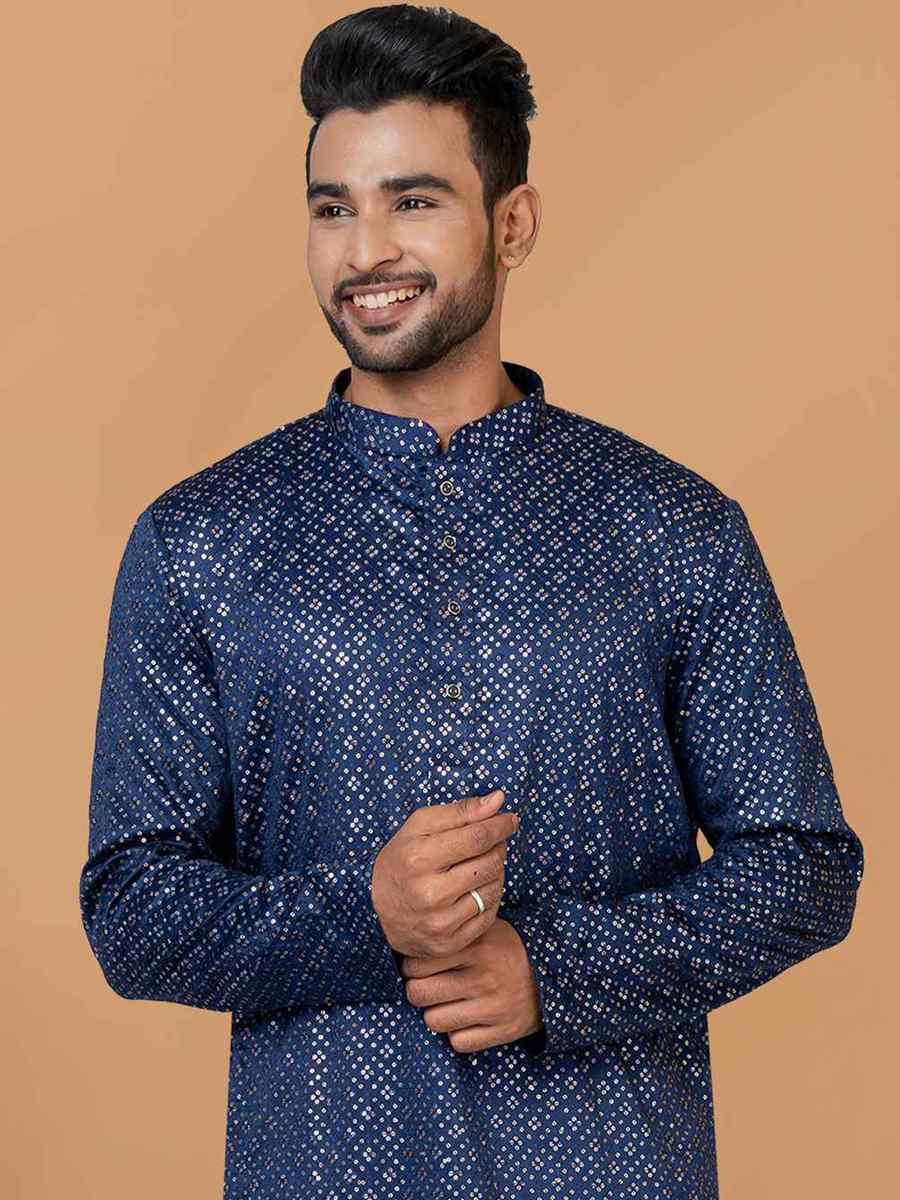 Blue Semi Gaji Silk Embroidered Festival Wedding Kurta
