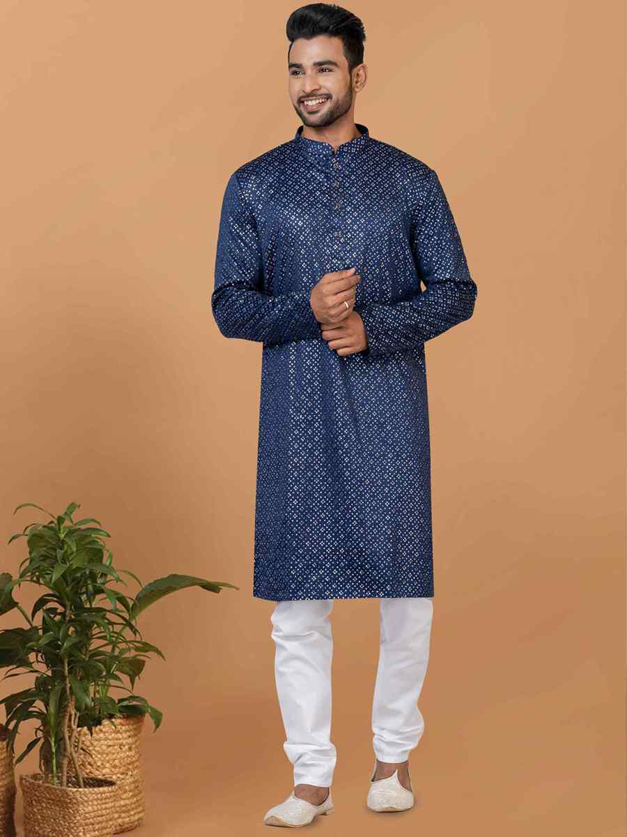 Blue Semi Gaji Silk Embroidered Festival Wedding Kurta