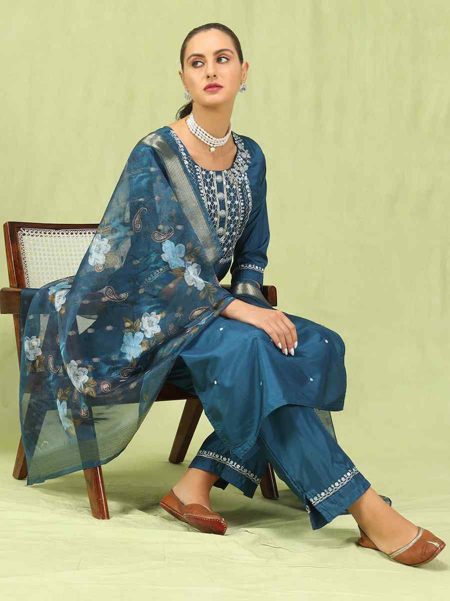 Blue Silk Blend Embroidered Festival Casual Ready Pant Salwar Kameez