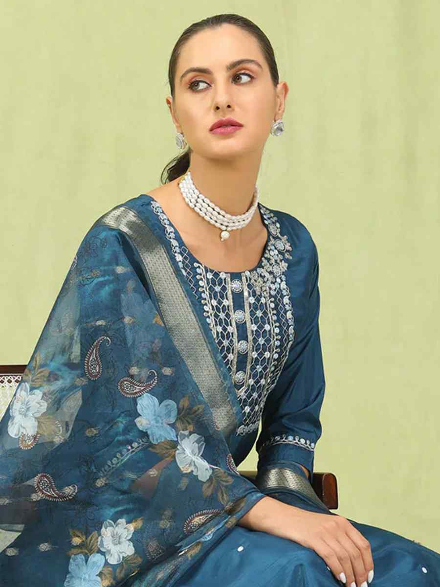 Blue Silk Blend Embroidered Festival Casual Ready Pant Salwar Kameez