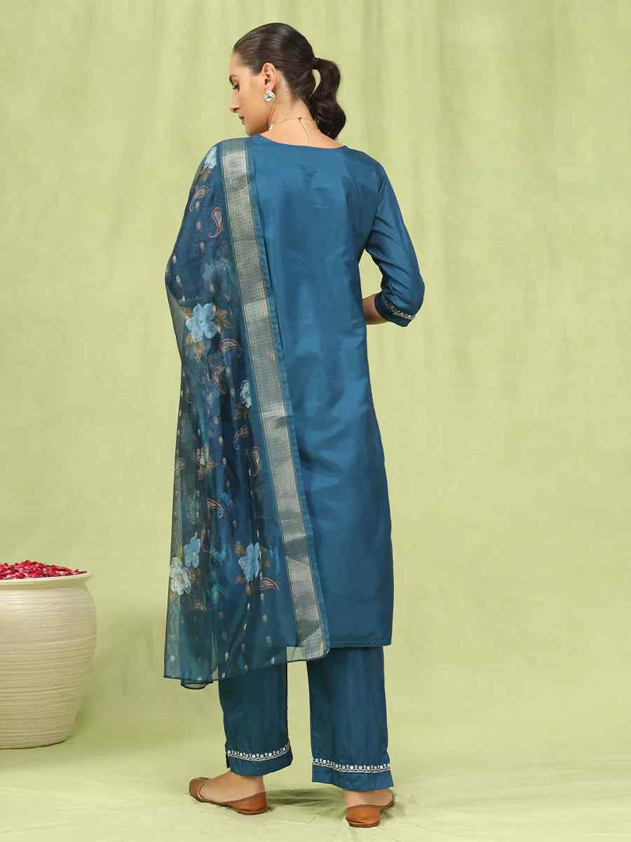 Blue Silk Blend Embroidered Festival Casual Ready Pant Salwar Kameez