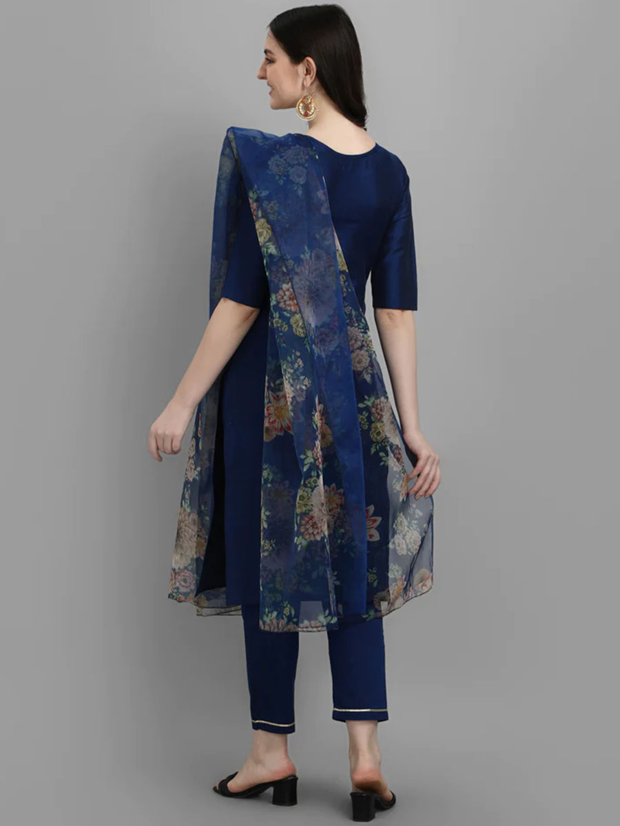 Blue Silk Blend Embroidered Festival Casual Ready Pant Salwar Kameez