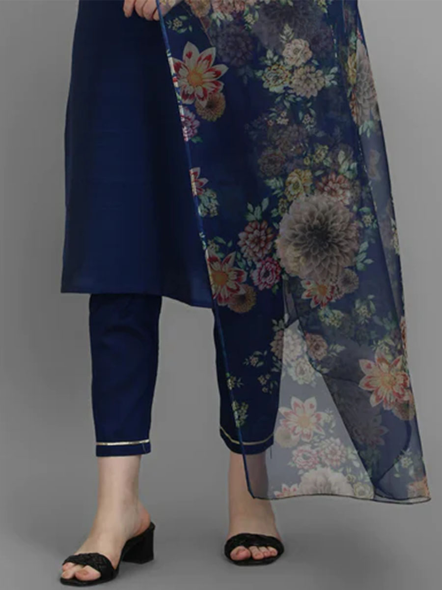 Blue Silk Blend Embroidered Festival Casual Ready Pant Salwar Kameez