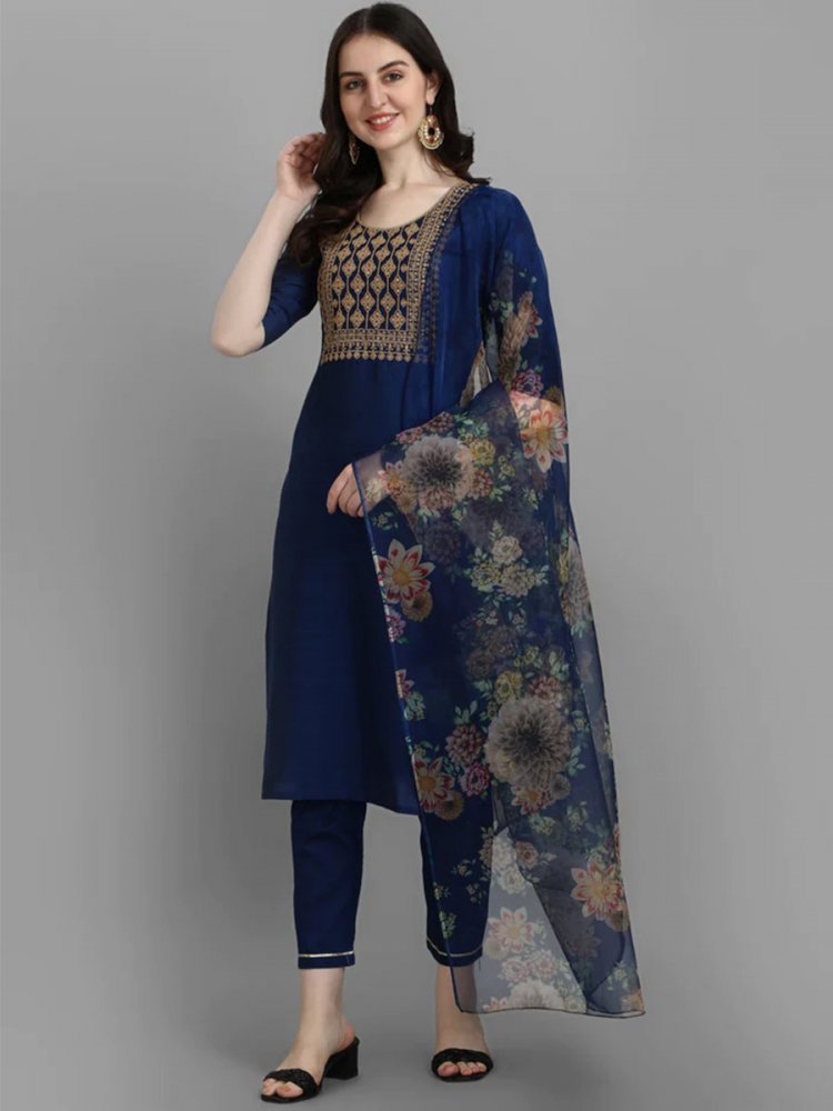 Blue Silk Blend Embroidered Festival Casual Ready Pant Salwar Kameez
