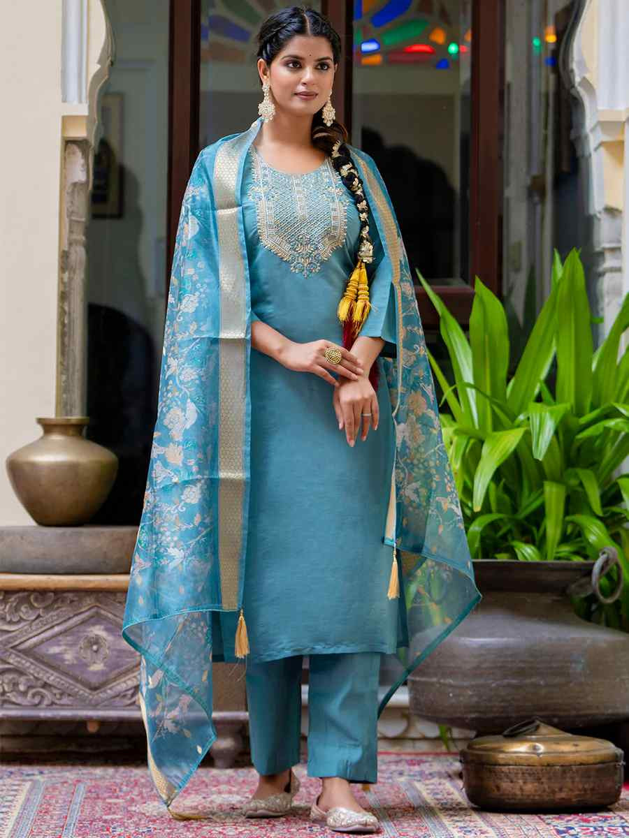 Blue Silk Blend Embroidered Mehendi Wedding Ready Pant Salwar Kameez