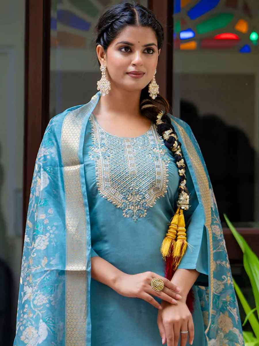 Blue Silk Blend Embroidered Mehendi Wedding Ready Pant Salwar Kameez