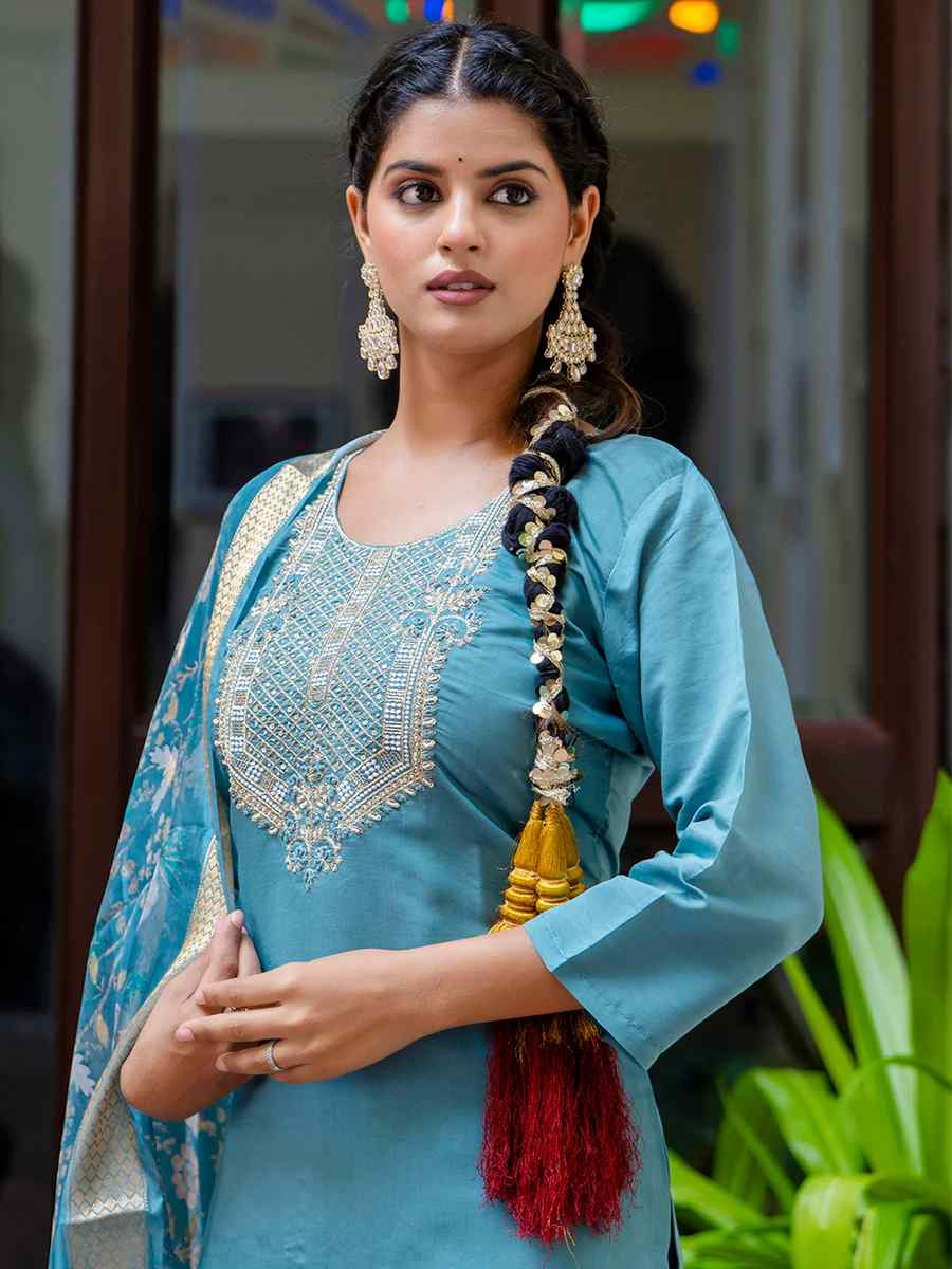 Blue Silk Blend Embroidered Mehendi Wedding Ready Pant Salwar Kameez