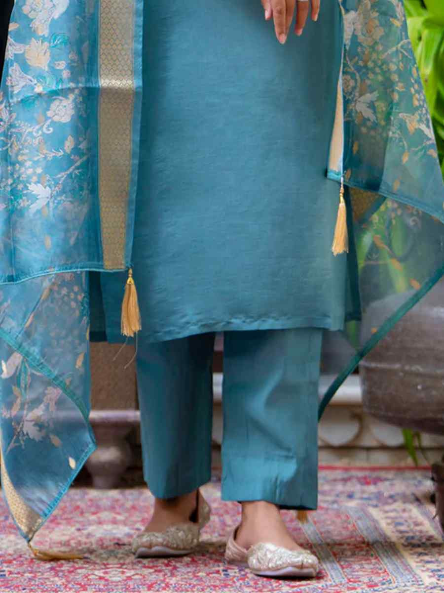 Blue Silk Blend Embroidered Mehendi Wedding Ready Pant Salwar Kameez