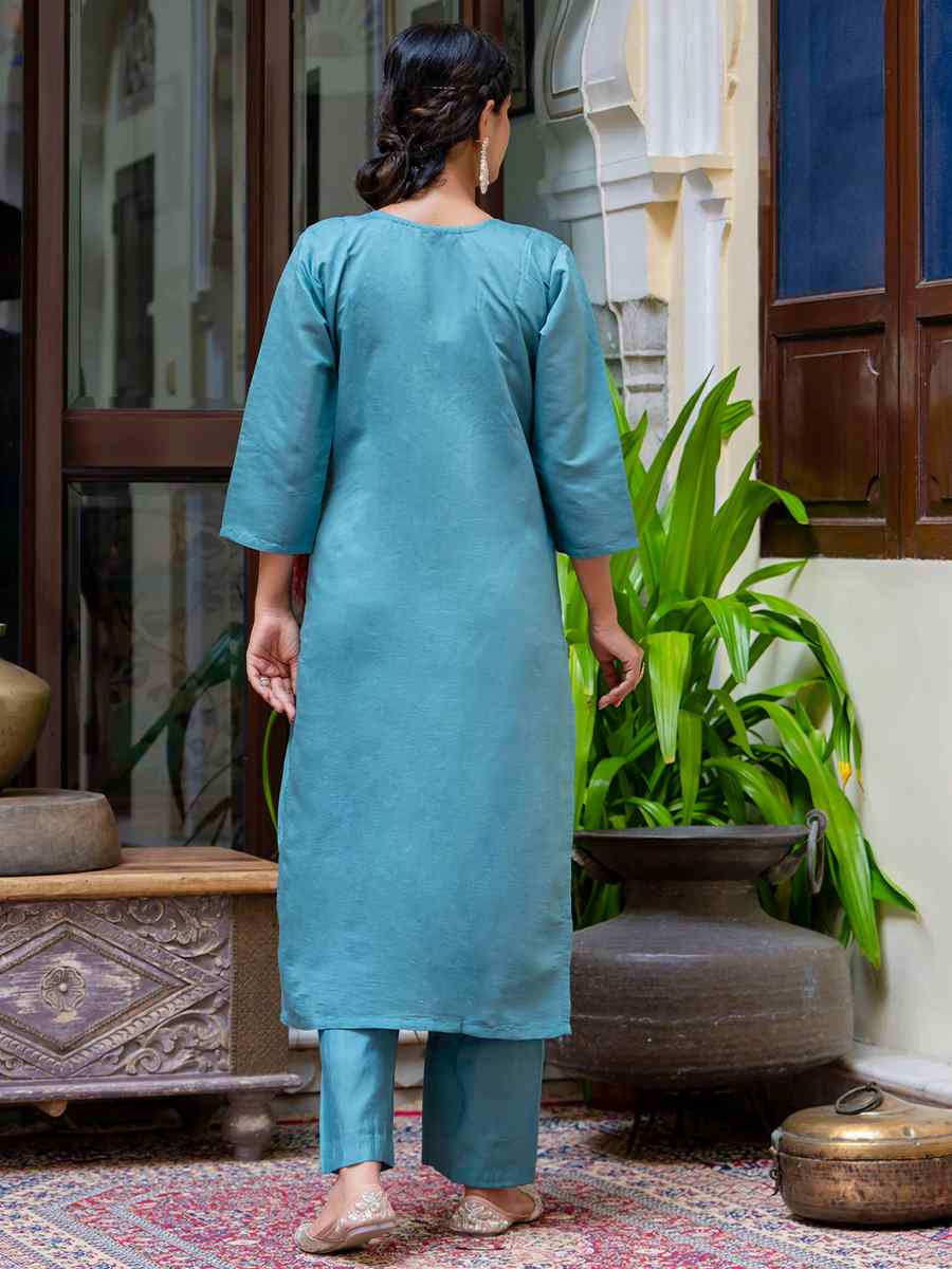 Blue Silk Blend Embroidered Mehendi Wedding Ready Pant Salwar Kameez