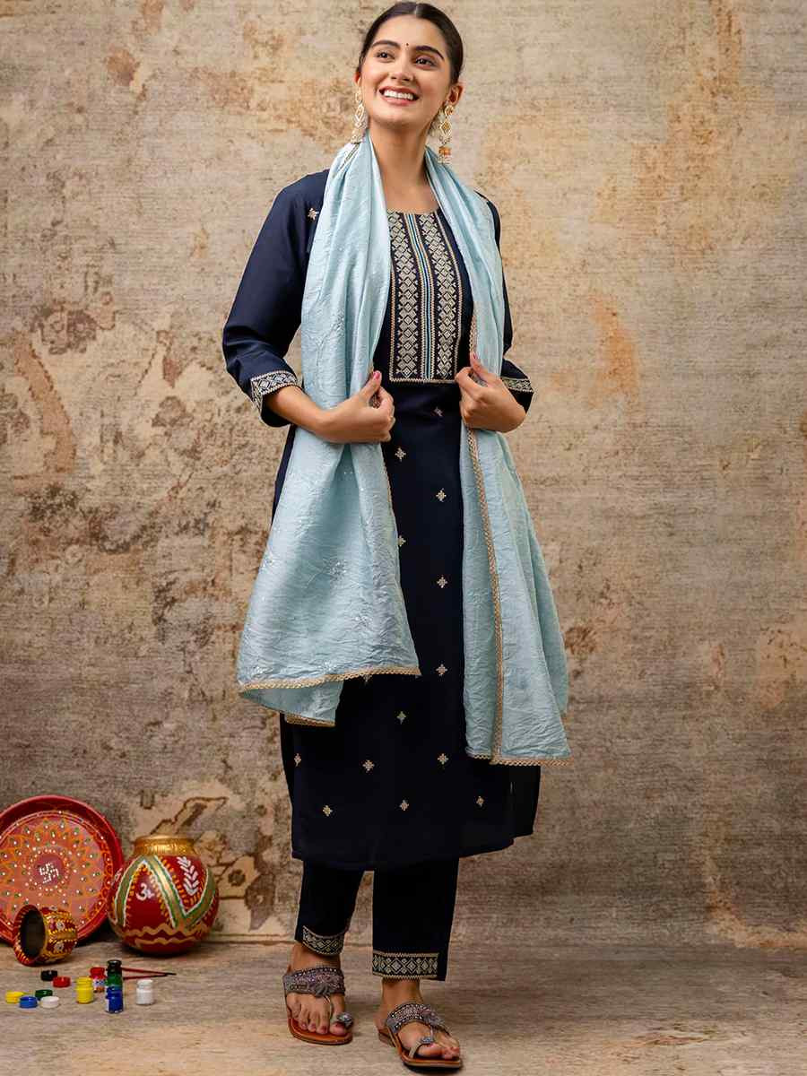 Blue Silk Blend Embroidered Mehendi Wedding Ready Pant Salwar Kameez