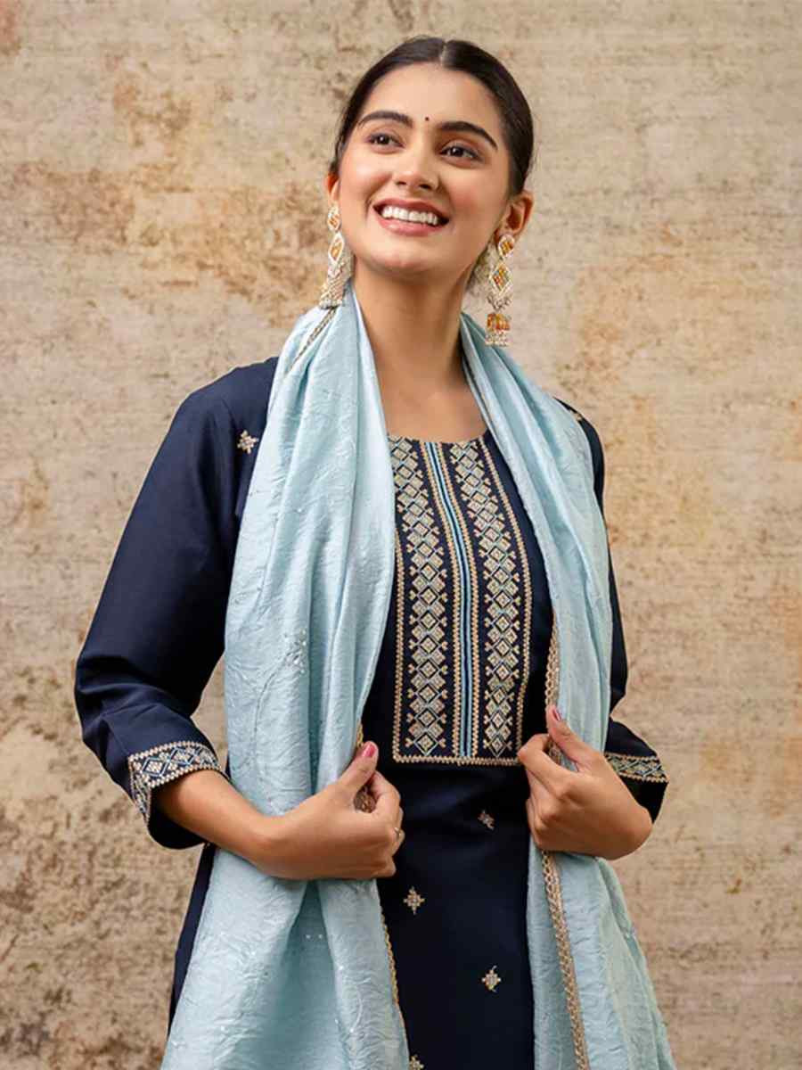 Blue Silk Blend Embroidered Mehendi Wedding Ready Pant Salwar Kameez