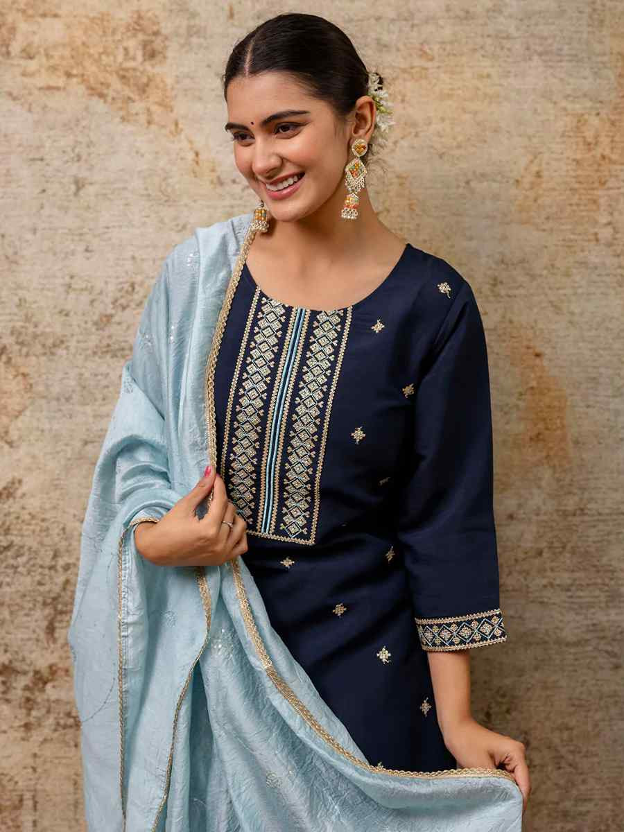 Blue Silk Blend Embroidered Mehendi Wedding Ready Pant Salwar Kameez
