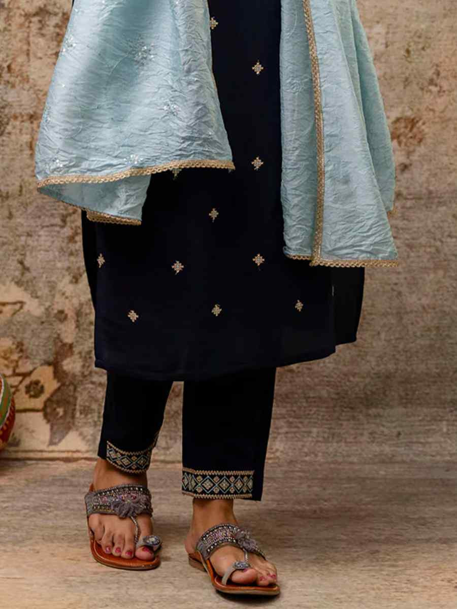 Blue Silk Blend Embroidered Mehendi Wedding Ready Pant Salwar Kameez