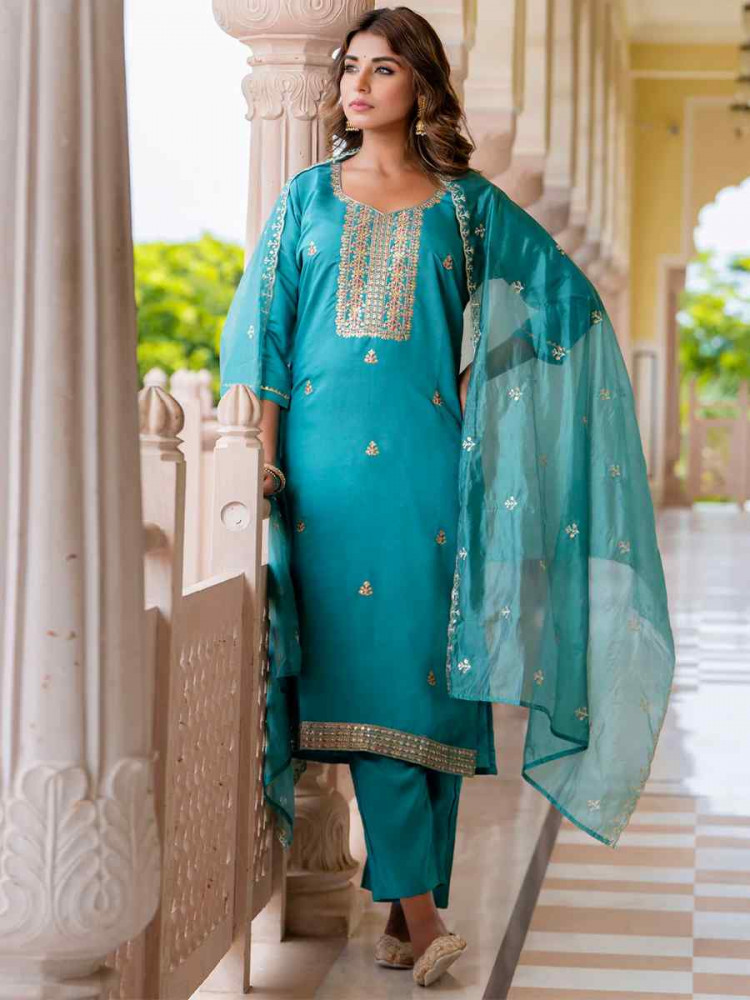 Blue Silk Blend Embroidered Party Casual Ready Pant Salwar Kameez