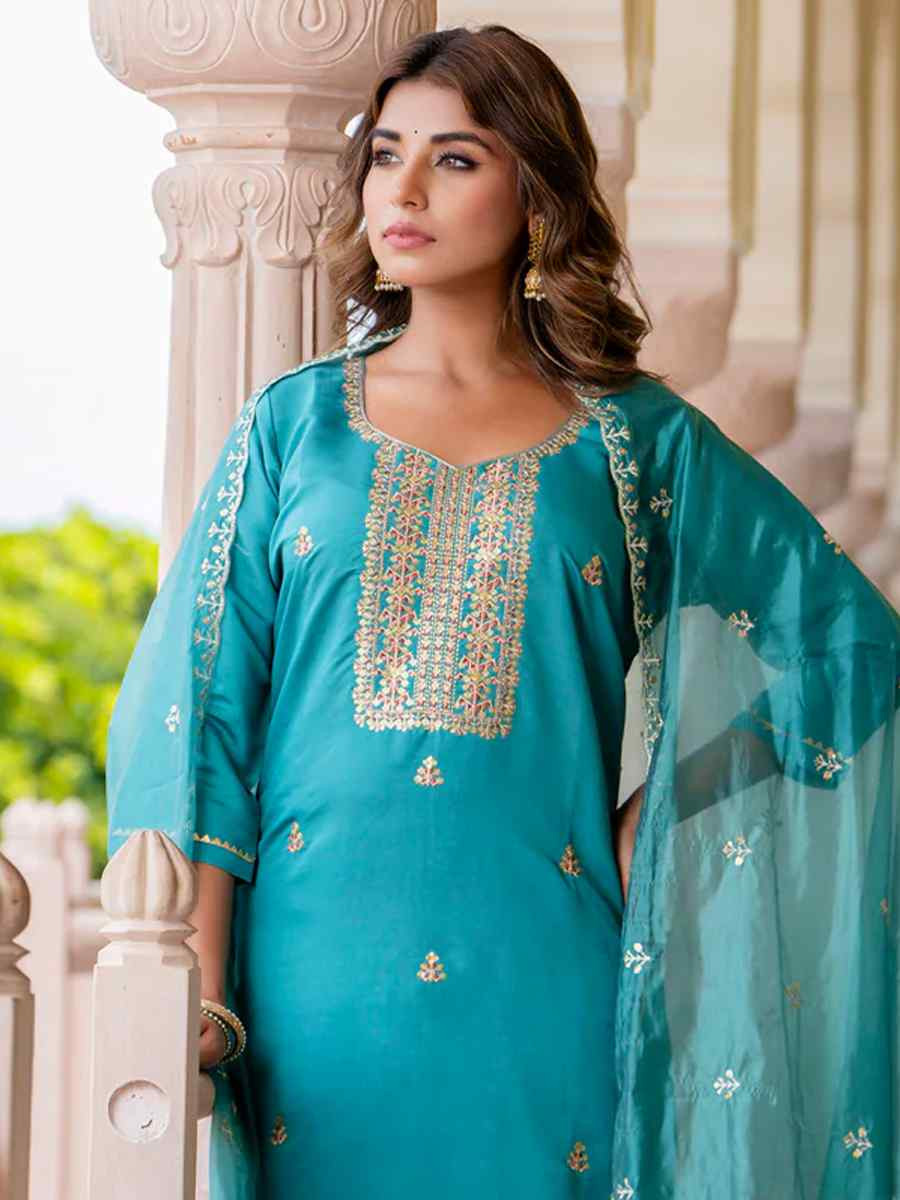 Blue Silk Blend Embroidered Party Casual Ready Pant Salwar Kameez