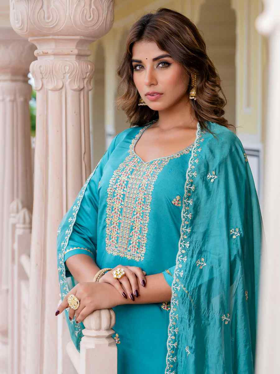 Blue Silk Blend Embroidered Party Casual Ready Pant Salwar Kameez