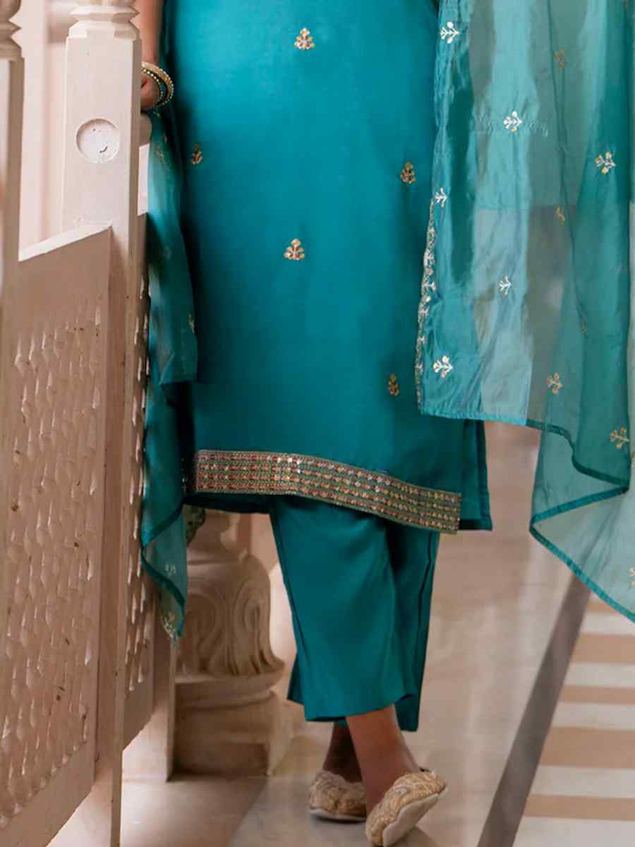 Blue Silk Blend Embroidered Party Casual Ready Pant Salwar Kameez