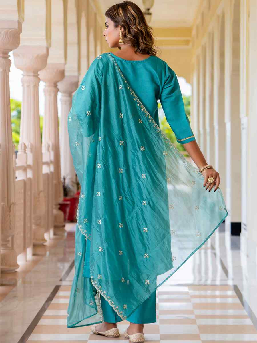 Blue Silk Blend Embroidered Party Casual Ready Pant Salwar Kameez