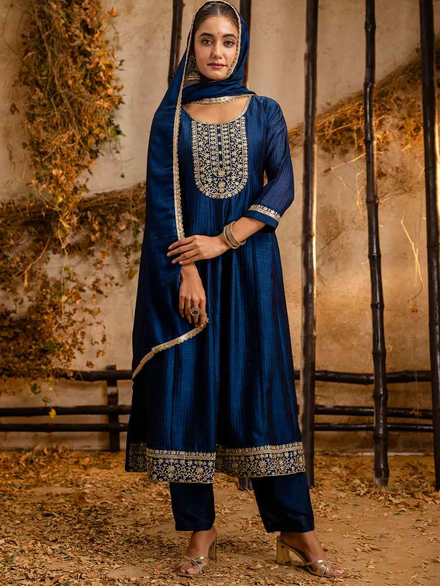 Blue Silk Blend Embroidered Party Casual Ready Pant Salwar Kameez