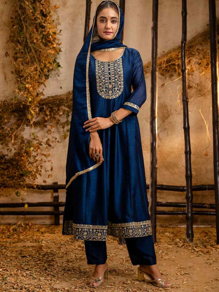Blue Silk Blend Embroidered Party Casual Ready Pant Salwar Kameez