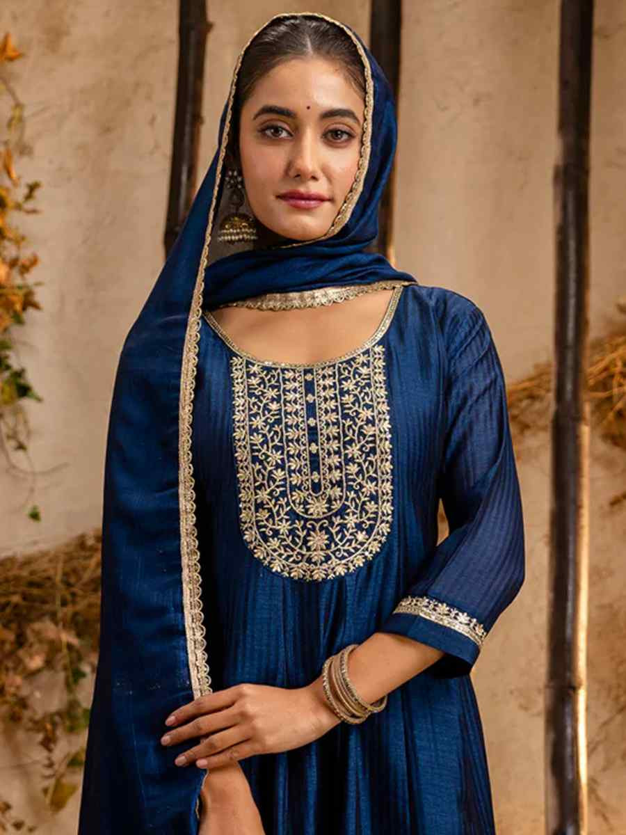 Blue Silk Blend Embroidered Party Casual Ready Pant Salwar Kameez
