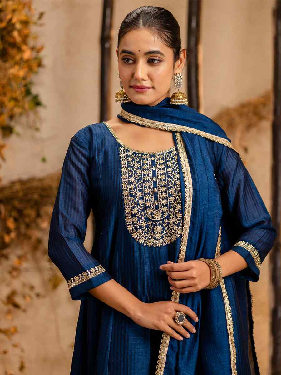 Blue Silk Blend Embroidered Party Casual Ready Pant Salwar Kameez