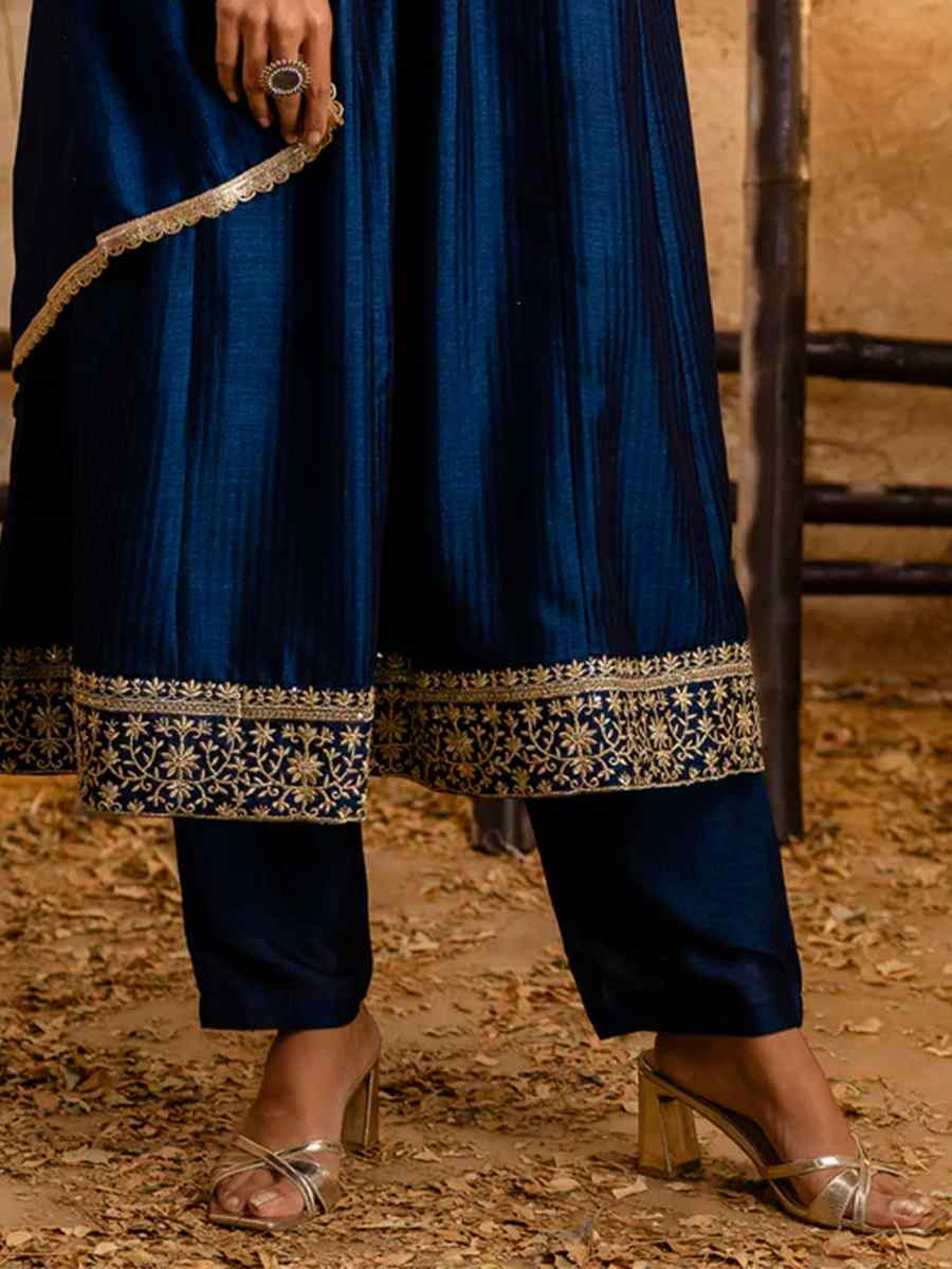 Blue Silk Blend Embroidered Party Casual Ready Pant Salwar Kameez