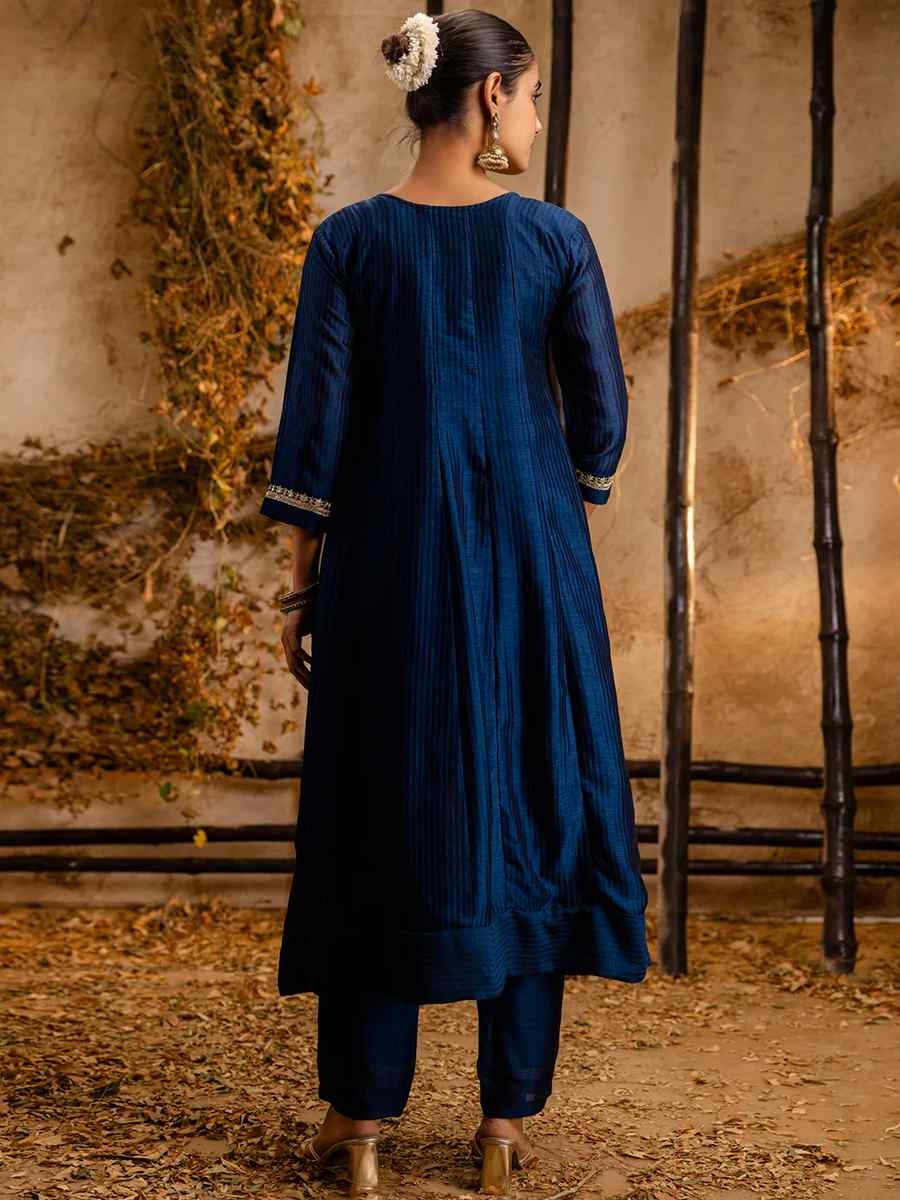 Blue Silk Blend Embroidered Party Casual Ready Pant Salwar Kameez