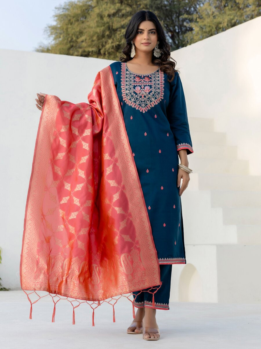 Blue Silk Blend Embroidery Sequins Wedding Party Festival Casual Ready Pant Salwar Kameez