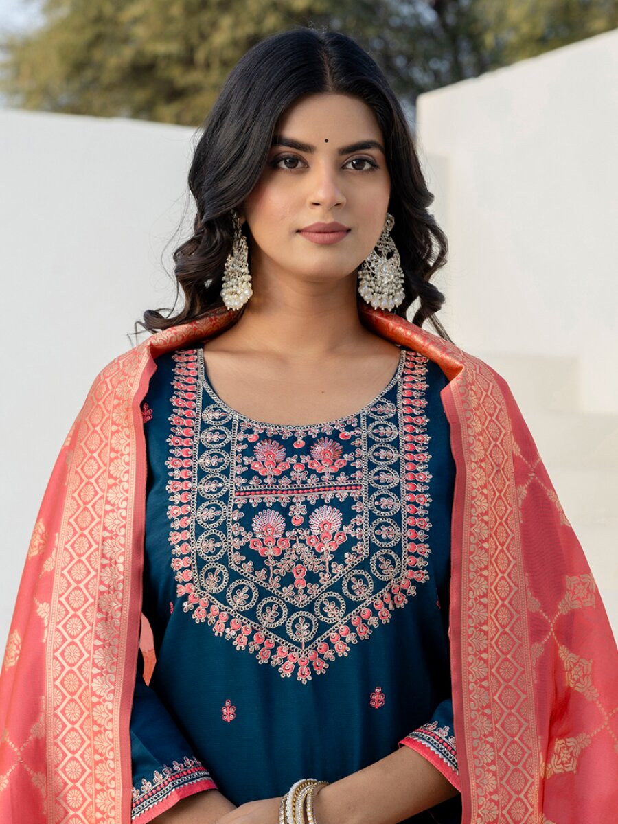Blue Silk Blend Embroidery Sequins Wedding Party Festival Casual Ready Pant Salwar Kameez
