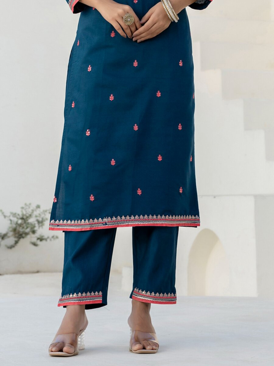 Blue Silk Blend Embroidery Sequins Wedding Party Festival Casual Ready Pant Salwar Kameez