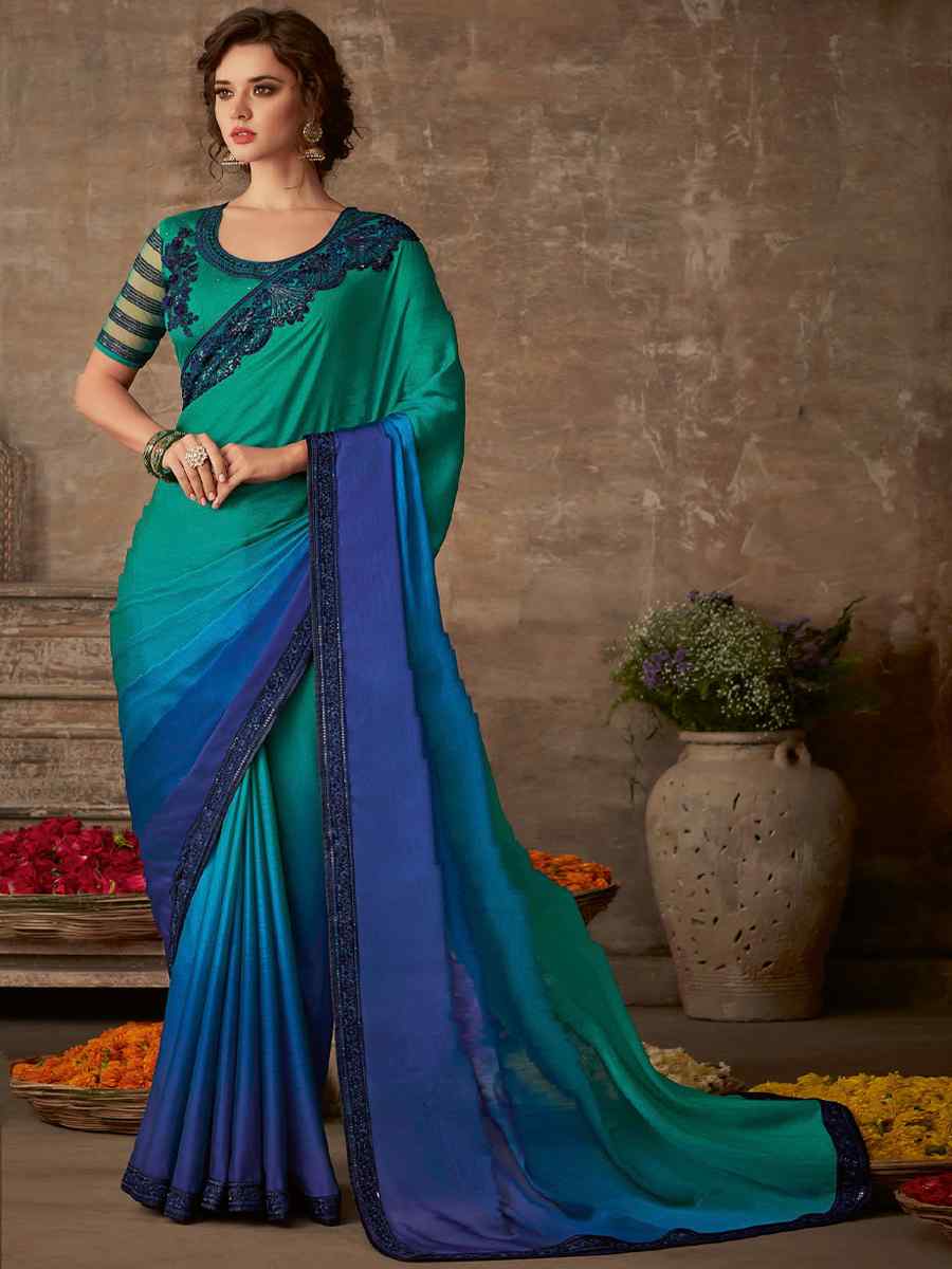 Blue Silk Chiffon Embroidered Party Festival Classic Style Saree