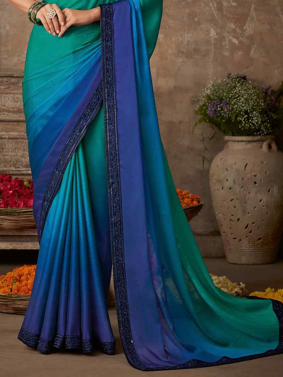 Blue Silk Chiffon Embroidered Party Festival Classic Style Saree