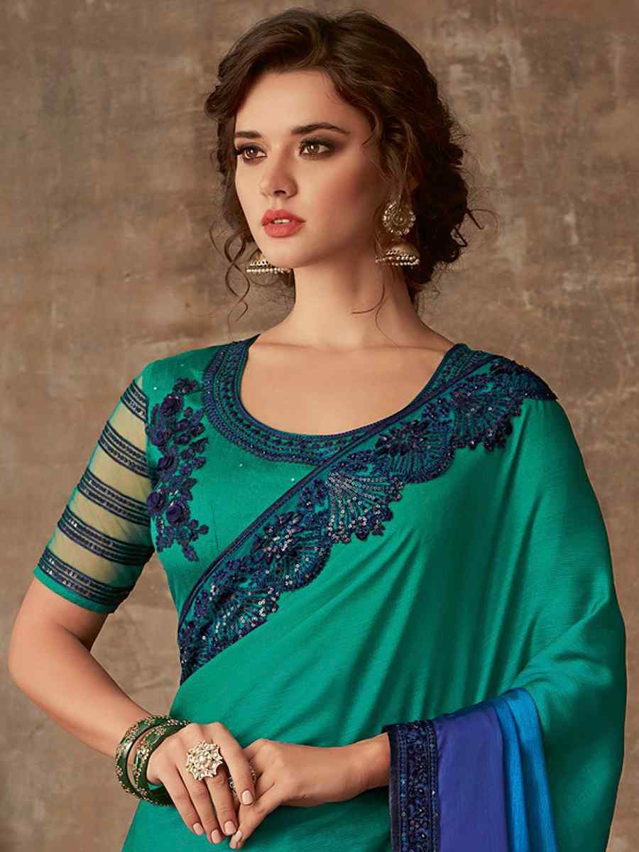 Blue Silk Chiffon Embroidered Party Festival Classic Style Saree
