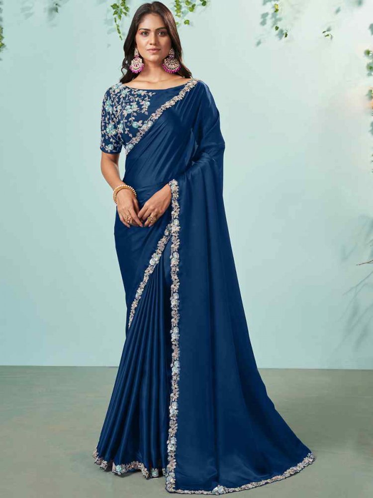 Blue Silk Crepe Embroidered Party Reception Heavy Border Saree