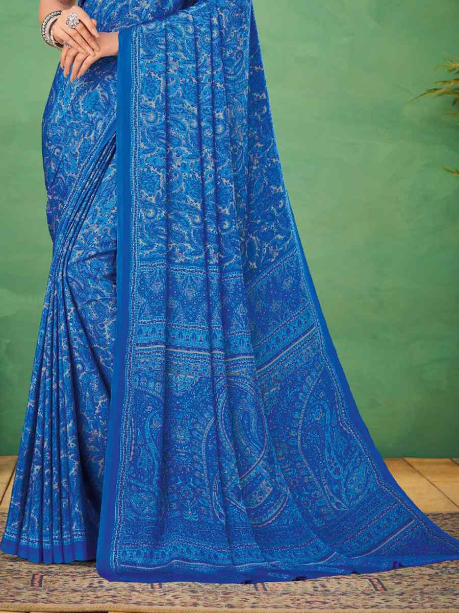 Blue Silk Crepe Printed Casual Festival Contemporary Saree