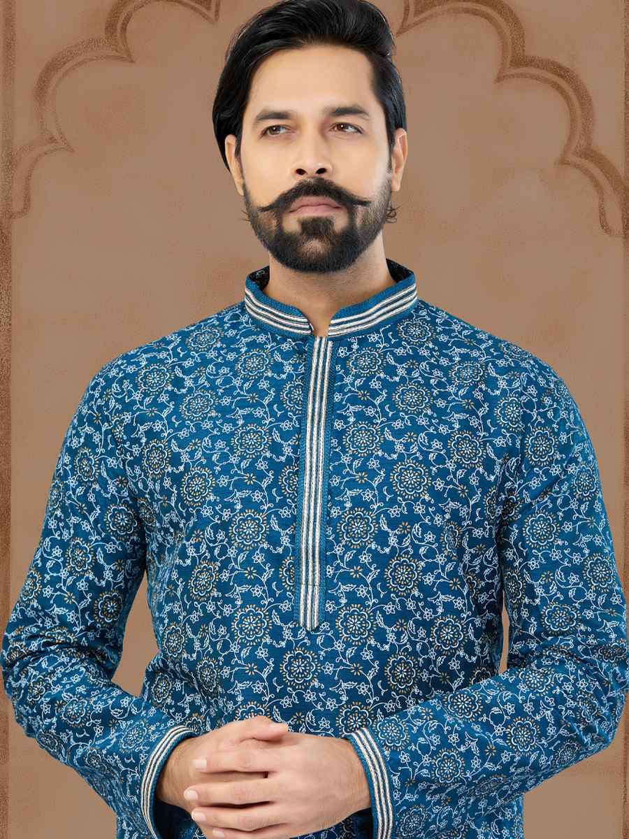 Blue Silk Dupion Printed Festival Kurta