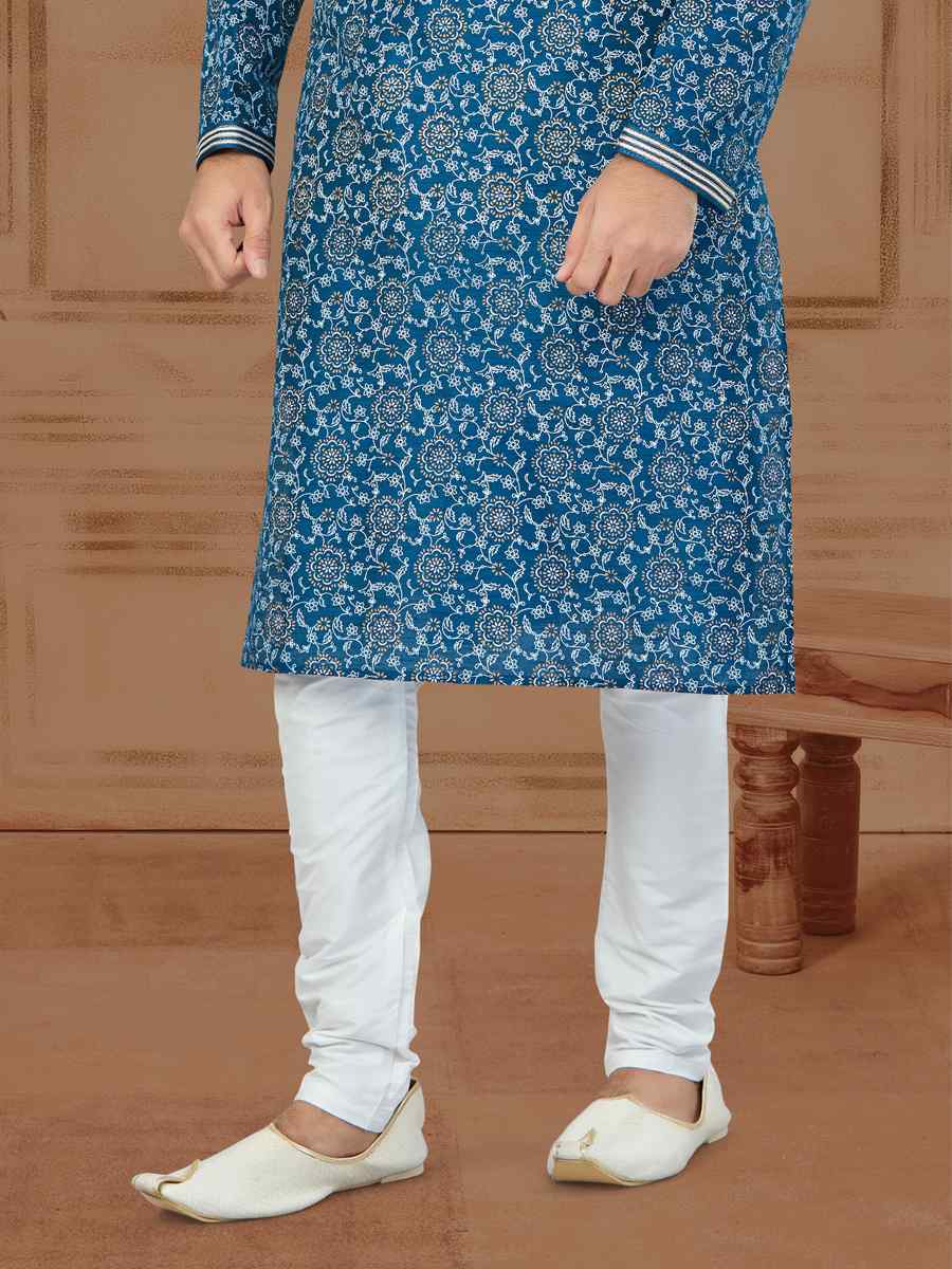 Blue Silk Dupion Printed Festival Kurta