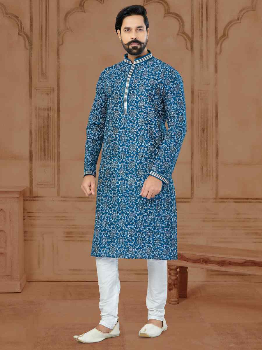 Blue Silk Dupion Printed Festival Kurta