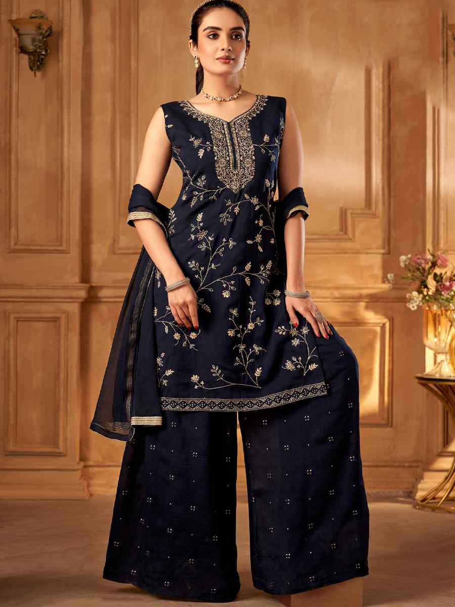 Blue Silk Embroidered Festival Casual Ready Palazzo Pant Salwar Kameez