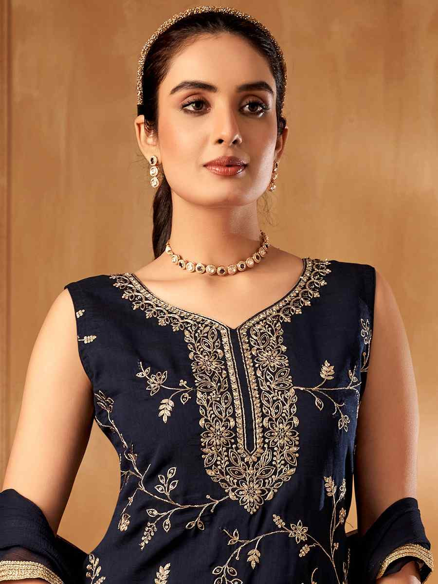 Blue Silk Embroidered Festival Casual Ready Palazzo Pant Salwar Kameez