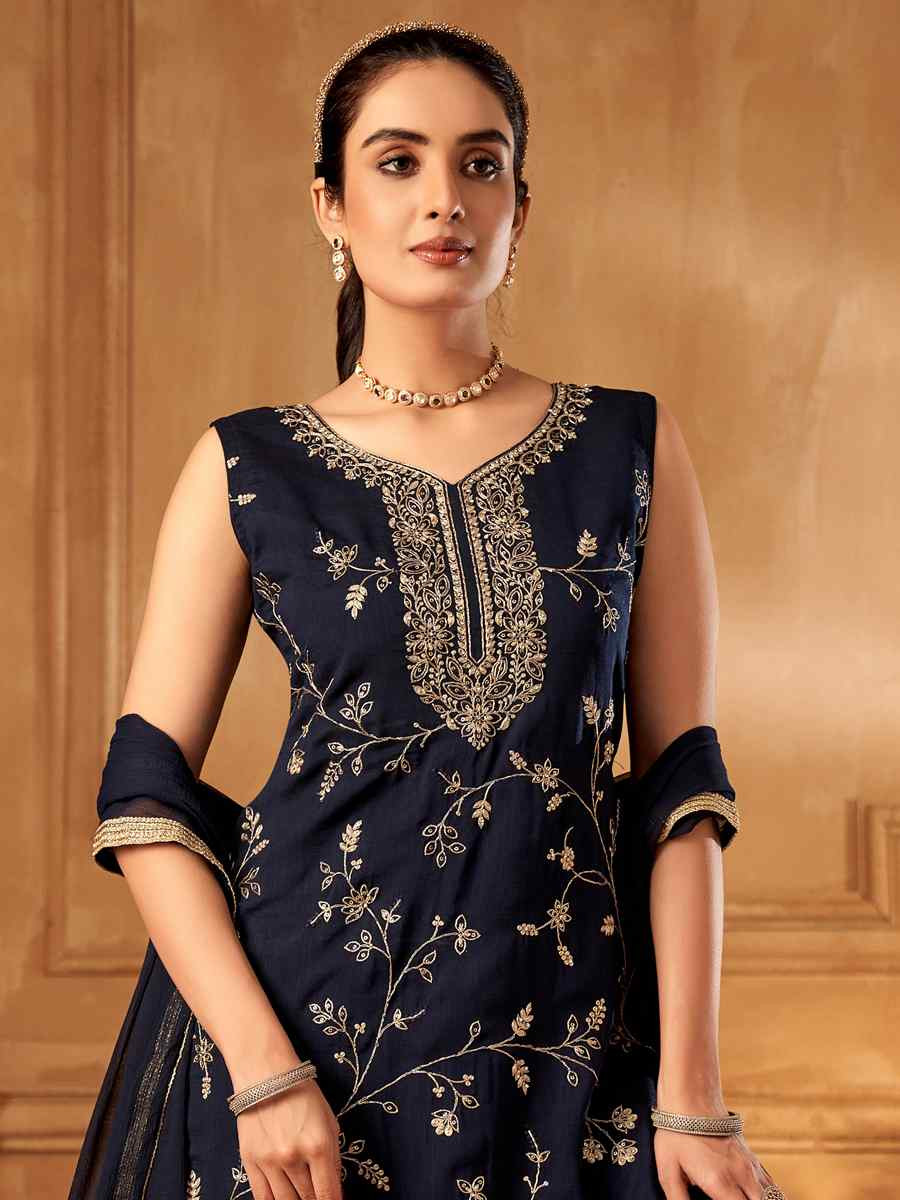 Blue Silk Embroidered Festival Casual Ready Palazzo Pant Salwar Kameez
