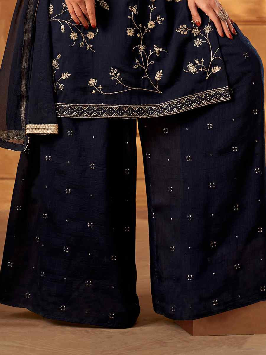 Blue Silk Embroidered Festival Casual Ready Palazzo Pant Salwar Kameez