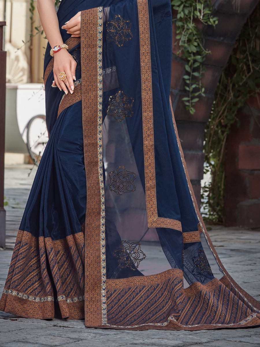 Blue Silk Embroidered Festival Party Contemporary Sarees
